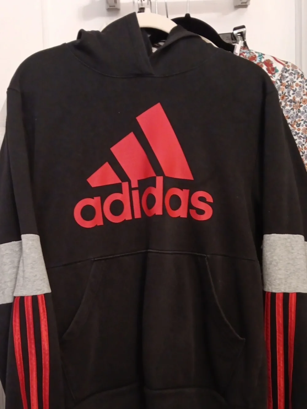 Adidas Black Crewneck Sweatshirt with Red Logo and Gray Stripe Accent On Sleeves